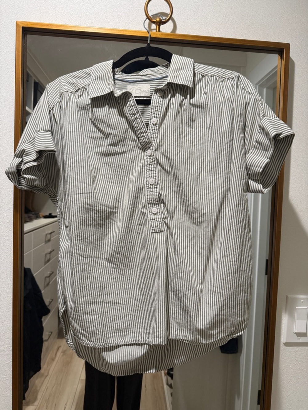 J. Crew Striped Short-Sleeve Button Down Shirt - White & Gray